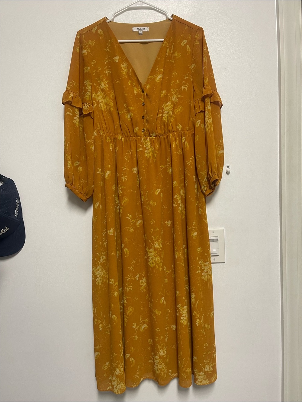 Madewell Mustard Floral Midi Dress with V-Neck